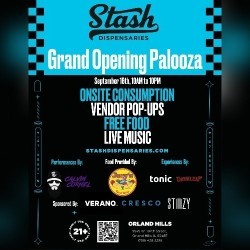 Grand opening event flyer of Stash Dispensaries square