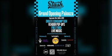 Grand opening event flyer of Stash Dispensaries banner